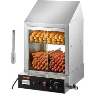 VEVOR Hot Dog Machine, 36 L, 2-Tier Hot Dog Steamer for 200 Hotdogs & 42 Buns, 1200W Electric Bun Warmer Cooker with Rotary Knob Temp Display (Silver)
