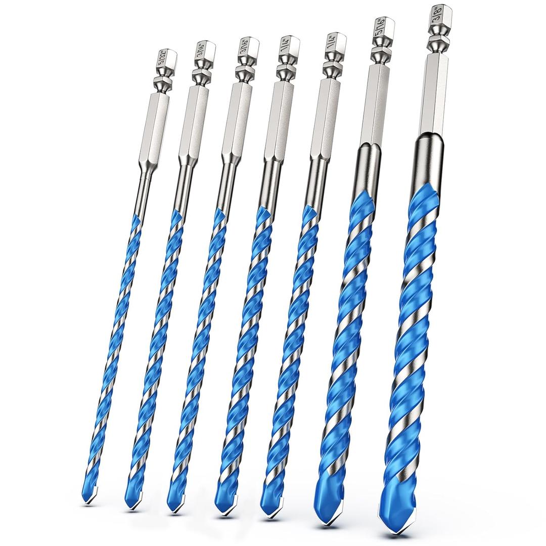 Carbide Masonry Drill Bit Set (7-Piece, 5/32"-3/8"), Hex Shank Concrete Drill Bits for Brick, Tile, Cement, Plastic