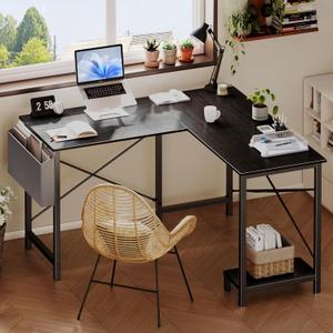 DUMOS L Shaped Desk Computer Gaming Corner Table 50 Inch Home Office Writing Student Work PC Workstation with Side Storage Bag CPU Stand for Bedroom Small Spaces