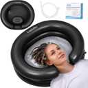 Black Inflatable Shampoo Basin, Stain Resistant Ergonomic Neck Support Hair Washing Bowl for Bedridden Elderly Disabled, Portable Leakproof PVC Sink with Drain Hose for Home Care Locs Detox