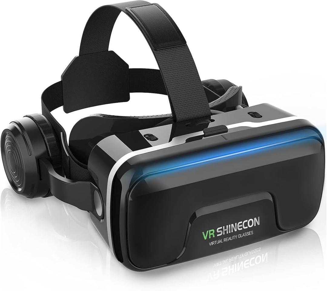 VR Headset with Built-in Headphones, 120 FOV Aspheric Lenses for 4.7-7" Smartphones, 3D VR Glasses Adjustable Focus/IPD, Compatible iPhone Android