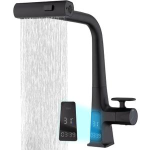 Black Waterfall Kitchen Sink Faucet with LED Temperature and Usage Time Display, Single Hole Kitchen Rain Faucet with Pull Down Sprayer, 3 Modes(Waterfall, Stream, Sweep) 360 Swivel -Matte Black