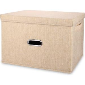 Large Linen Fabric Foldable Storage Bins with Removable Lid and Handles, Washable Storage Box Organizer Containers Baskets Cube with Cover for Bedroom,Closet,Office (Khaki, Extra Large)