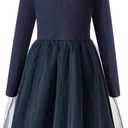 Little Bitty Girls Long Sleeve A-Line Tulle Princess Dress, Midi Length Casual Party Ribbed Knit Top Tulle Skirt 4-13 Years (6-7 Years)