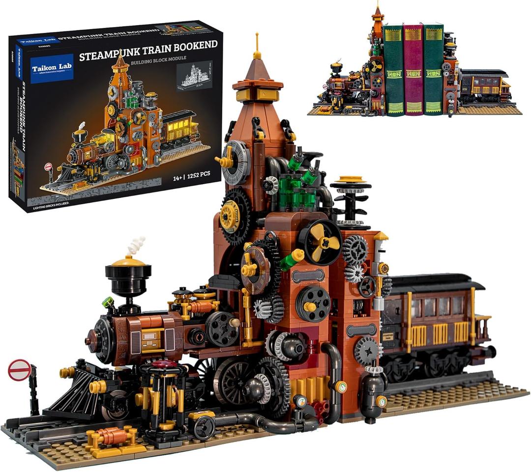 Steampunk Train Bookend Building Block Set, Creative Bookend and Bricks Building Set, Light Module Included, Rich Details with Mechanic Parts (1252pcs)