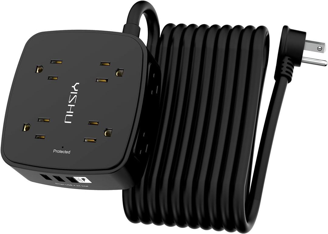 20 Ft Surge Protector Power Strip - 8 Widely Outlets with 4 USB Ports, 3 Side Outlet Extender with 20 Feet Extension Cord, Flat Plug, Wall Mount, Desk USB Charging Station, ETL, Black