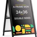 T-SIGN Outdoor A-Frame Sidewalk Sign 24x36 Inch Sandwich Board, Black Coated Steel Metal Double-Sided, Heavy Duty Slide-in Folding Frame Sign Holder, 2 Corrugated Plastic Poster Boards, Display Stand