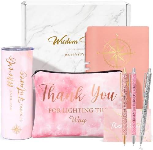 6 Pcs Best Teacher Appreciation Gifts, Christmas Gifts for Teachers 20oz Tumbler Makeup Bag A5 Leather Journal Unique Gift Ideas for New Teacher School Counselor Gift