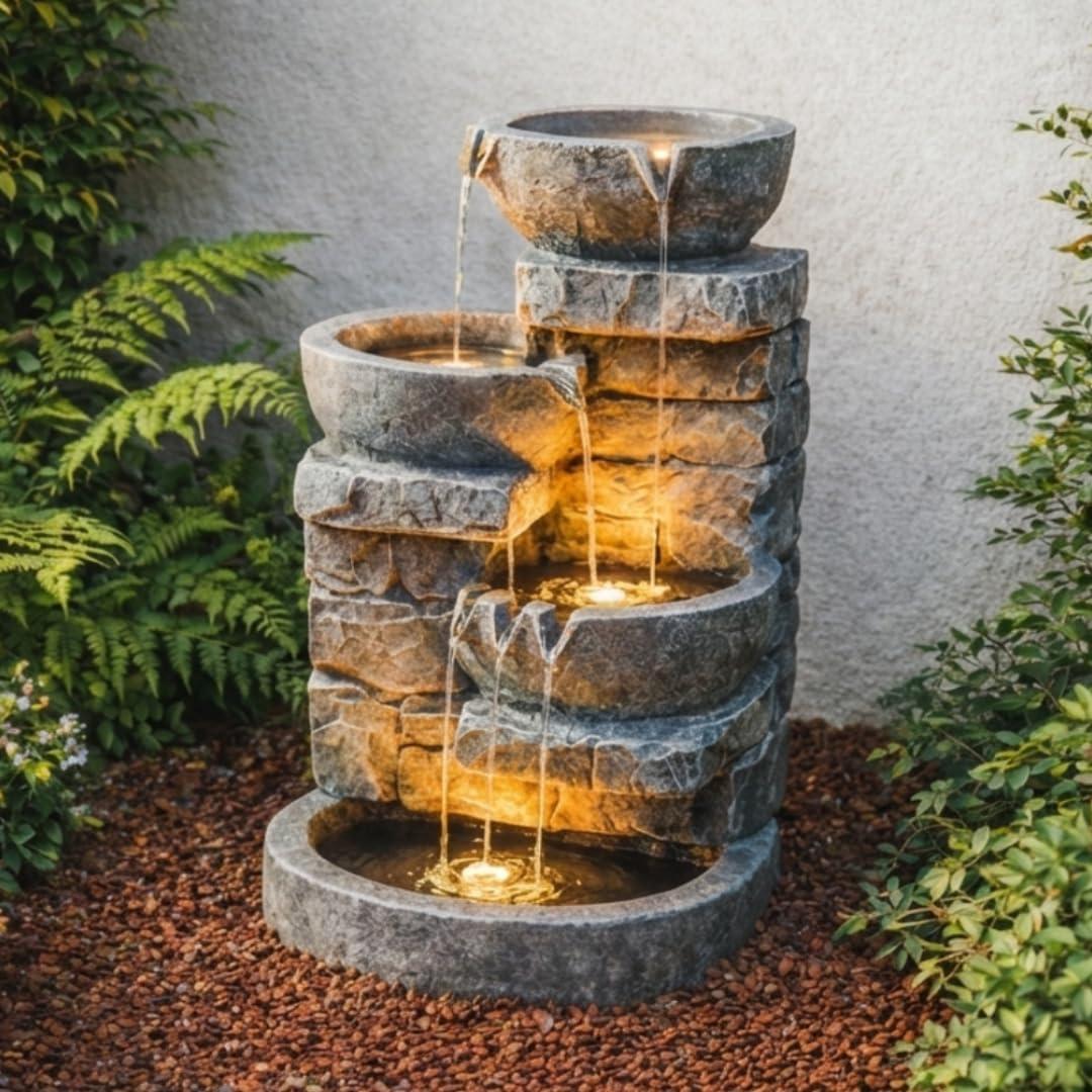 Teamson Home 33" Outdoor Water Fountain with LED Lights, 3-Tier Cascading Bowls, Weather-Resistant Resin Garden Water Feature for Patio, Lawn, and Backyard Decor Stone Gray