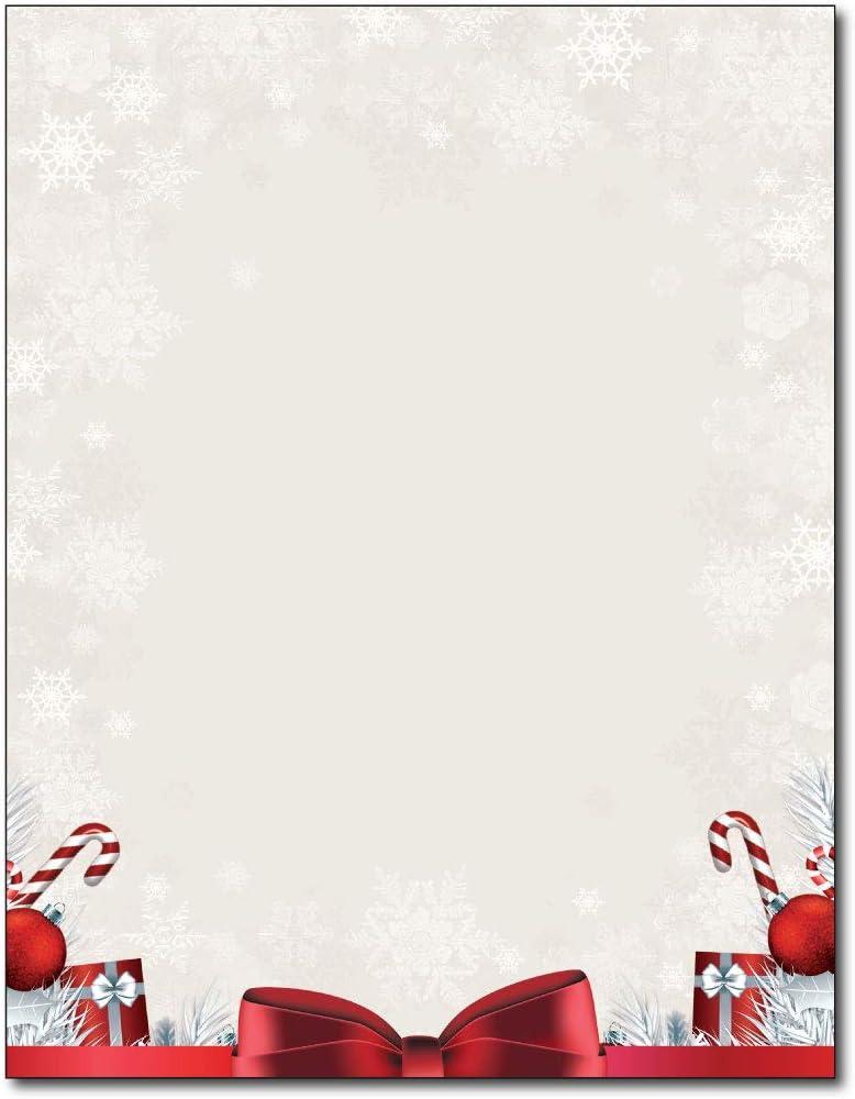 Holiday Present Stationery - 80 Sheets - Red Bow & Candy Cane Holiday Design with Snowflake Border, Festive Printable Paper for Christmas Letters & Party Invitations - 8.5 x 11