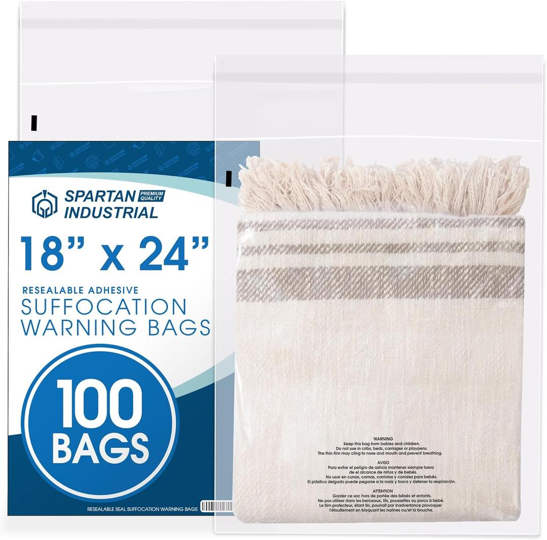 Spartan Industrial - 18 X 24 (100 Count) Self Seal Clear Poly Bags with Suffocation Warning for Packaging, Clothes - Resealable Glue