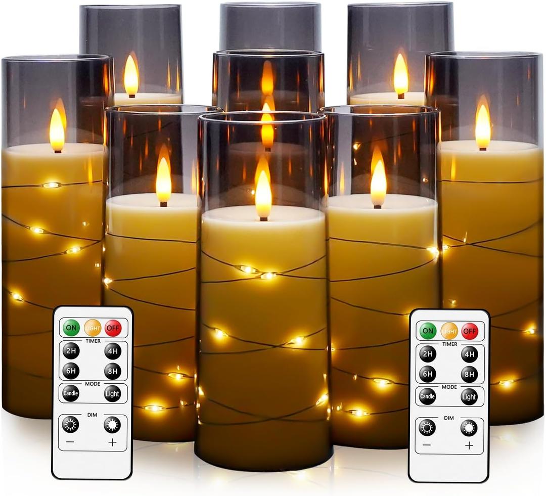 Flameless LED Candles with Timer 9 Pc Flickering Flameless Candles for Romantic Ambiance and Home Decoration Stable Acrylic Shell, with Embedded Star String Battery Operated Candles Grey
