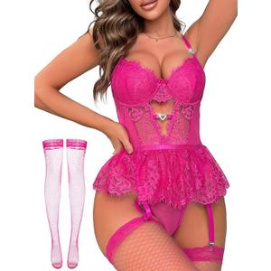 Women Lingerie Set Naughty Lace Bodysuit High Waisted Underwire Lingerie Babydoll With Garter Belt and Stockings (Pink)