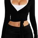 Danysu Ballet Wrap Tops Long Sleeve Cross Tie Crop Shirts Deep V-Neck Dance Clothes Fall Cardigans