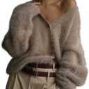 COZYPOIN Womens Fuzzy Mohair Cardigan Open Front Button Down V Neck Long Sleeve Sweater Slouchy Drop Shoulder Knit Coat (M, Khaki)