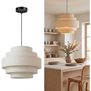 AUQUEE 5-Tier Farmhouse Chandelier, 13" Modern Drum Pendant Light Fixture with Linen Lampshade, Adjustable Height Hanging Ceiling Lighting for Bedroom/ Nursery/ Dining Room/ Kitchen Island/ Entryway, Beige