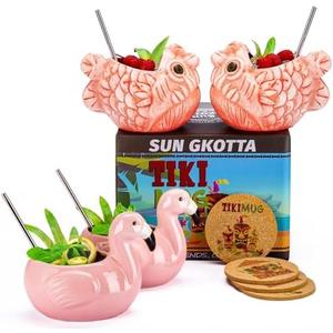 SUN GKOTTA Tiki Mugs for Cocktail and Juice Set Of 4,Cute Ceramic tiki Cup Gift-Set，Animal-Shape Cocktail Glasses For Hawaiian Party，Mai Tai, Luaus, pool party，and Tiki Bars.