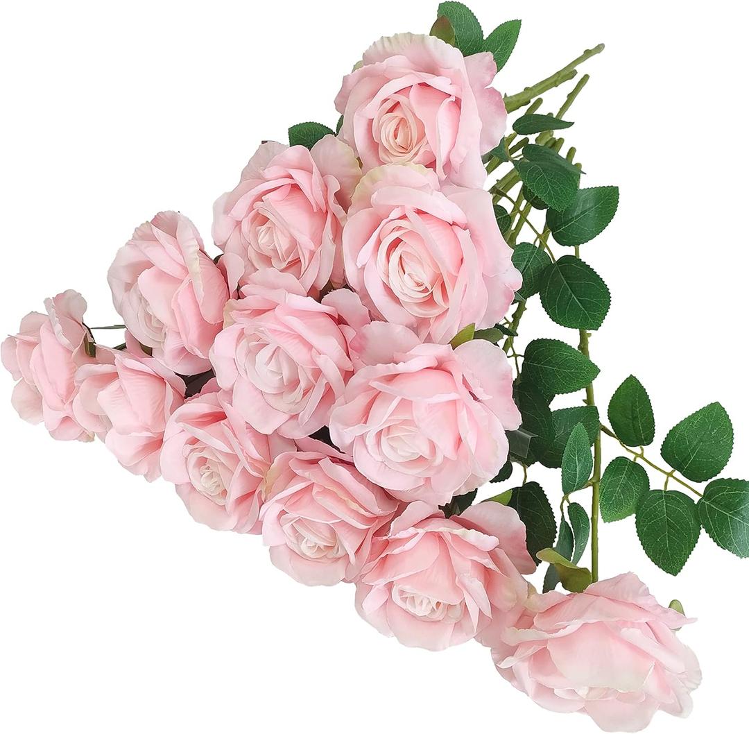 ATFL 12 Pcs Light Pink Roses Artificial Flowers, Faux Baby Pink Flowers Bulk, Floral Diameter 4'',Artificial Fake Silk Plastic Roses Flowers with Stems for Wedding, Flores Artificiales para Decoration