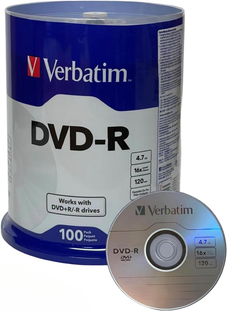 Verbatim DVD-R Blank 16X DVD-R DVR 4.7GB Logo Branded Recordable Media Disc, 100pk Spindle