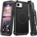 For iPhone 16e Case with Belt Clip Holster, Anti-Shock, Anti-Slip, Compatible with MagSafe, 3-Layer Drop Protection, Heavy Duty Magnetic Phone Case Cover for 16e, 6.1", Black