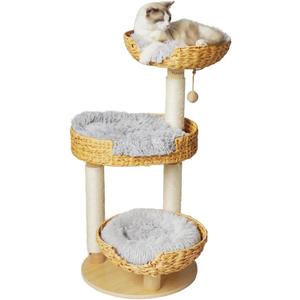 Cat Tree 39 Inches Cat Tower with Sisal Covered Scratching Real Wood Post, Handwoven PE Rattan 3 Baskets perches with Cozy Cushion, Cat Climbing, Cat Scratching Post (Light Gray Cushion)