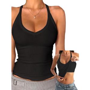 Danysu V Neck Cotton Tank Tops with Built-in Shelf Bra Sleeveless Racerback Fitted Basic Cami Shirts (X-Large, Black)