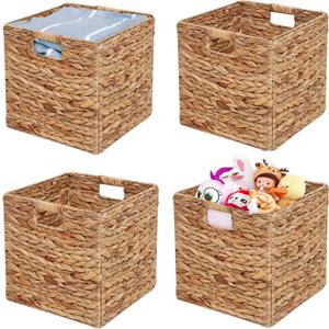 Storage Baskets Wicker Cube Baskets Foldable Handwoven Water Hyacinth Laundry Organizer,Cube Storage Baskets,Set of 4 pcs Baskets-11x11x11inch