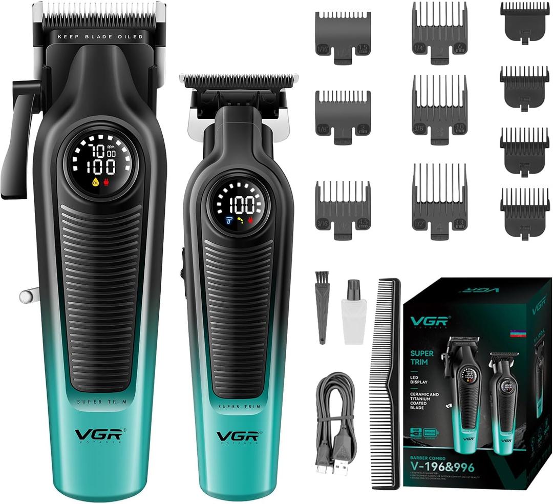 VGR Hair Clippers for Men & Hair Trimmer Set, Cordless Barber Combo with LED Display, Ceramic & Titanium Blades, 7000RPM, Type-C Rechargeable, Home & Professional Hair Cutting Kit, V-196 & 996(Green)