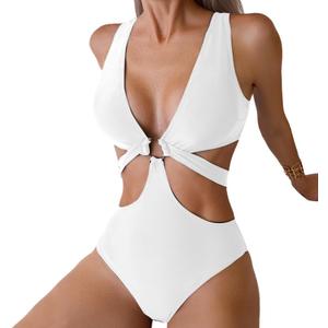 Women's Deep V Neck One Piece Swimsuit O-Ring Swimwear Sexy Cut Out Bathing Suit (White, M)
