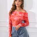 ZAFUL Women's Sexy Off The Shoulder Mesh Tops Sheer Stretchy Shirts Party Going Out Blouse (Red, M)