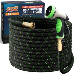 PowerFlow Garden Hose, NON-EXPANDABLE 25 Feet Premium Quality Stainless Steel Metal Water Hose with Durable Fabric Skin, Hose For Commercial, Residential Use, Bonus 10-way Spray Nozzle (25 Ft, Black)