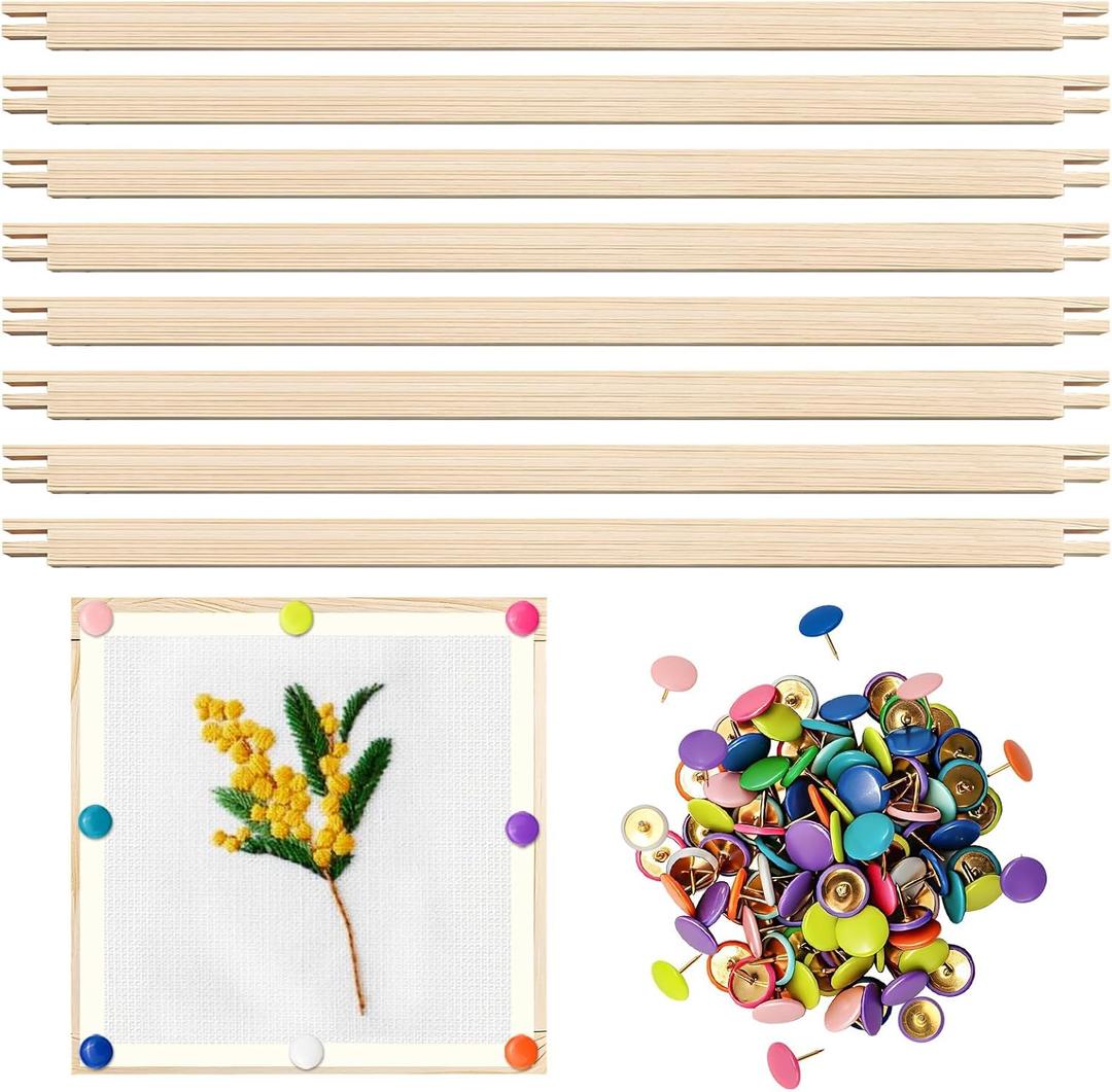 FSWCCK 8 Pcs 16" Stretcher Bars for Needlework with 100 Thumb Tacks, Wooden Canvas Stretcher Bars, Needlepoint Embroidery Stitch Frame Set for Women's Birthday Gifts, Crafts Art