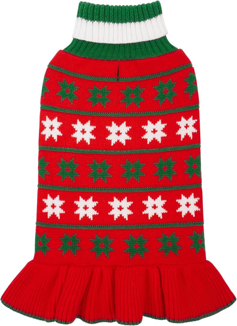 KYEESE Dog Christmas Sweater Knit Dog Sweater for Small Dogs with Snowflake Warm Dogs Clothes Pet Coats Turtleneck Pet Sweater Dress with Leash Hole, Girl Red, X-Large