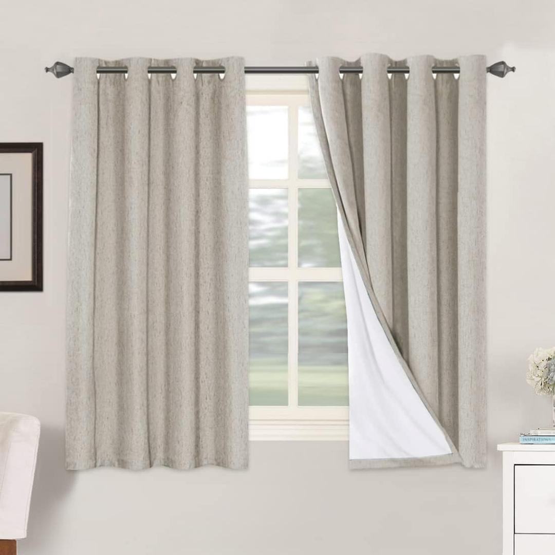 H.VERSAILTEX Linen Blackout Curtains 54 Inches Long 100% Absolutely Blackout Thermal Insulated Textured Linen Look Curtain Draperies Anti-Rust Grommet, Energy Saving with White Liner, 2 Panels, Stone