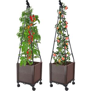 Raised Garden Bed Planter Boxes with Trellis 2 Pack, 47" Self-Watering Tomato Planters for Climbing Plants, Outdoor Patio, Tomatoes Cage with Wheels for Vegetable Vine Indoor Flower Pot