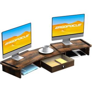 Dual Monitor Stand Riser with Drawer-Adjustable Length and Angle, Monitor Stand Riser for 2 Monitors, Desktop Organizer Stand for Computer/Laptop/PC/Printer (Rust Brown)