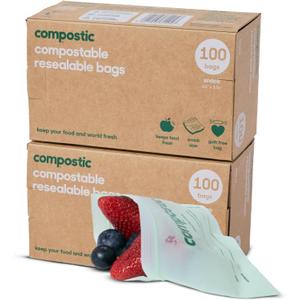 Compostic Compostable Snack Bags, Snack Size (200 Count) Bulk Pack — Resealable Zip-Seal, Plant-Based, Home Compostable, Freezer Safe, BPA-Free, Non-Toxic, GMO-Free Food Storage Bags