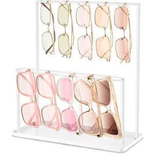 Sunglasses Organizer Glasses Holder Stand with Tray, Eye Glasses Display, 2 Tier Sunglass Storage Rack for Multiple Glasses, for Desk, Nightstand, Dresser, Vanity, Metal, White