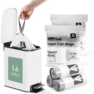 TrashAid 1.6 Gallon Small Trash Bags, 90pcs Mini Bathroom Garbage Bags, 6 Liter Waste Basket Liners for Bathroom, Office, Fit 0.8-1.6 Gal, White, Code A