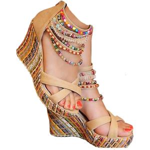 getmorebeauty Women's Wedge Sandals With Pearls Across The Top Platform Sandals High Heels (10, Beige)