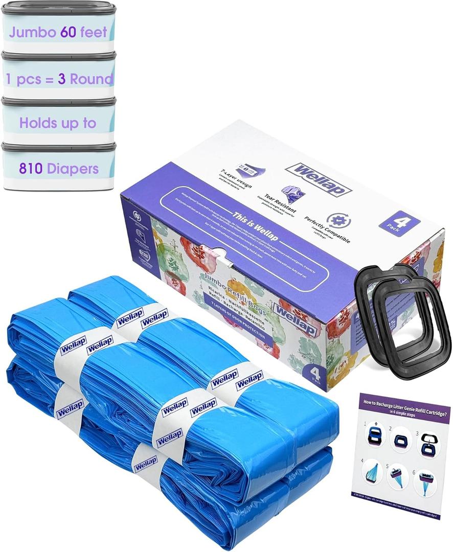 Jumbo Square Diaper Refill Compatible With Cartridge, Long-lasting Odor Control, Holds Up to 810 Diapers (Pack of 4)