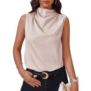 Cicy Bell Womens Mock Neck Satin Tank Tops Business Casual Work Ruched Blouses Summer Corporate Outfits (s)
