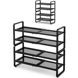 Shoe Rack - Expandable Shoe Organizer for Closet, Adjustable Metal Shoe Shelf Storage, Stackable Long Shoe Stand Holder for Garage, Entryway, Door Entrance (Black, 4-Tier)
