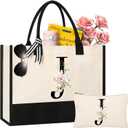 AYGE Personalized Initial Canvas Beach Bag Cosmetic Bags, Tote Bag, Makeup Bag, Gifts for Sister Mom Teacher Bridesmaid