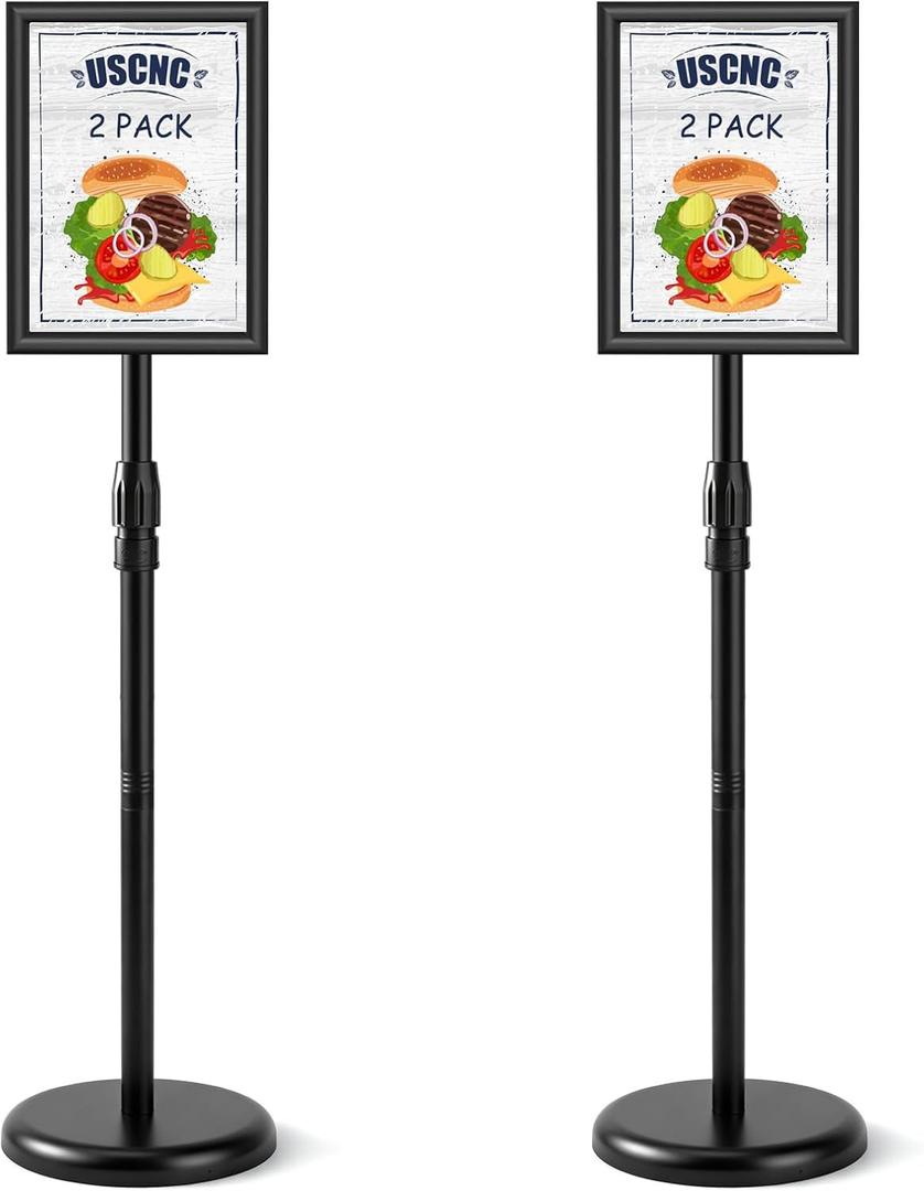 USCNC Sign Holder Stand 8.5x11 inch - Adjustable Floor Standing Sign Holder -Snap open frame,360 Rotation for Malls,Schools,Restaurants (Black 2 Pack)