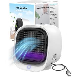 Vital Breeze Portable AC Evaporative Air Cooler Vital Breeze Portable Air Conditioner portable 300 mL Water Tank, < 40 dB Quiet, 3 Fan Speeds, Washable Filter, Color-Cycle Night-Light Bedroom Mini AC, 6 x 5.5 x 6.4 inches