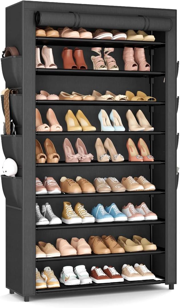 BrFoYu Shoe Rack with Cover, 10 Tier Shoe Organizer Storage for 40-50 Pairs Sneaker and Boots, Large Capacity, with 8 Pockets, Free Standing Tall Shoe Rack for Front Door Entrance, Closet