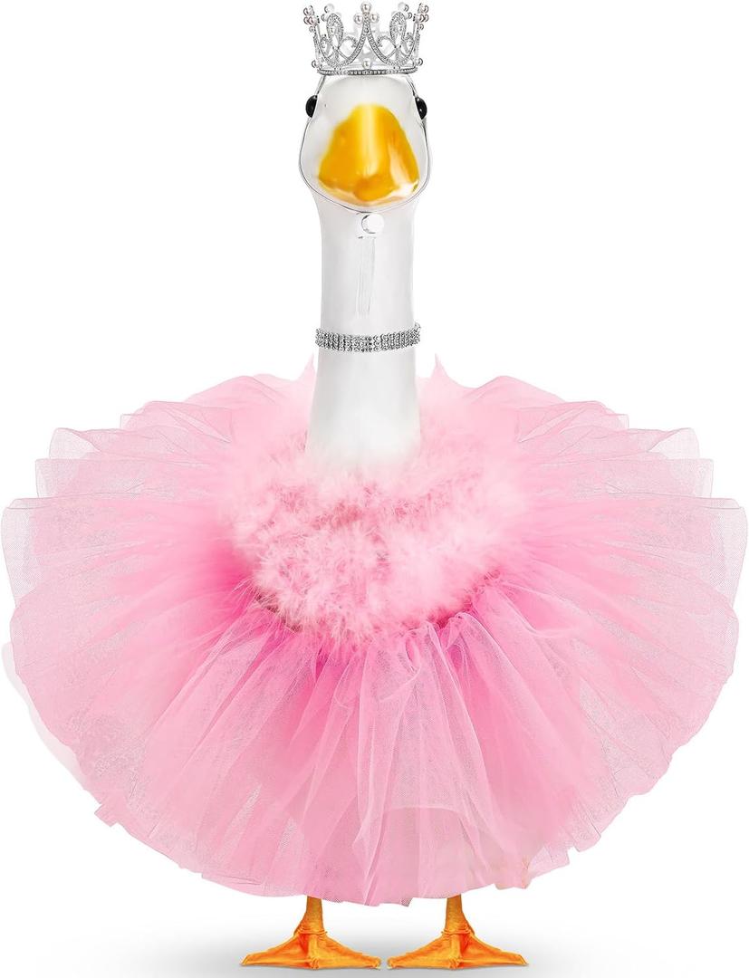 4 Pcs Princess Porch Goose Outfit for 23" 17" Cement Lawn Goose Costume Crown Necklace Tutu Skirt Feather Trim for Princess Outdoor Garden Lawn Art Decor(Pink)