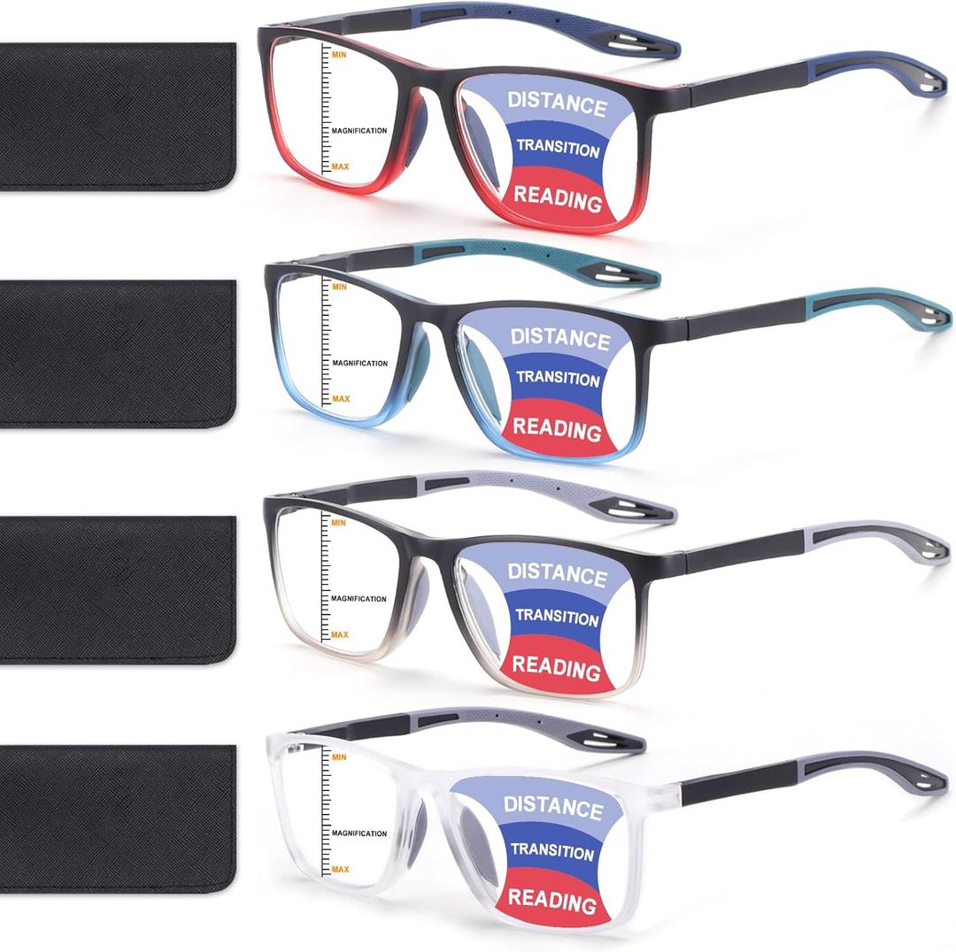 4 Pack Progressive Multifocus Reading Glasses for Men Women TR90 Sports Style Anti-Blue Light Computer Readers (Red & Blue & Black & Transparent)