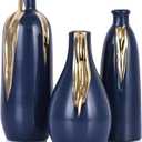 Blue and Gold Mini Ceramic Vase Set of 3, Small Ceramic Vase Set for Decorative, Bud Vases for Centerpieces Nightstand Kitchen, Boho Farmhouse Home Coffee Table Tray Decor